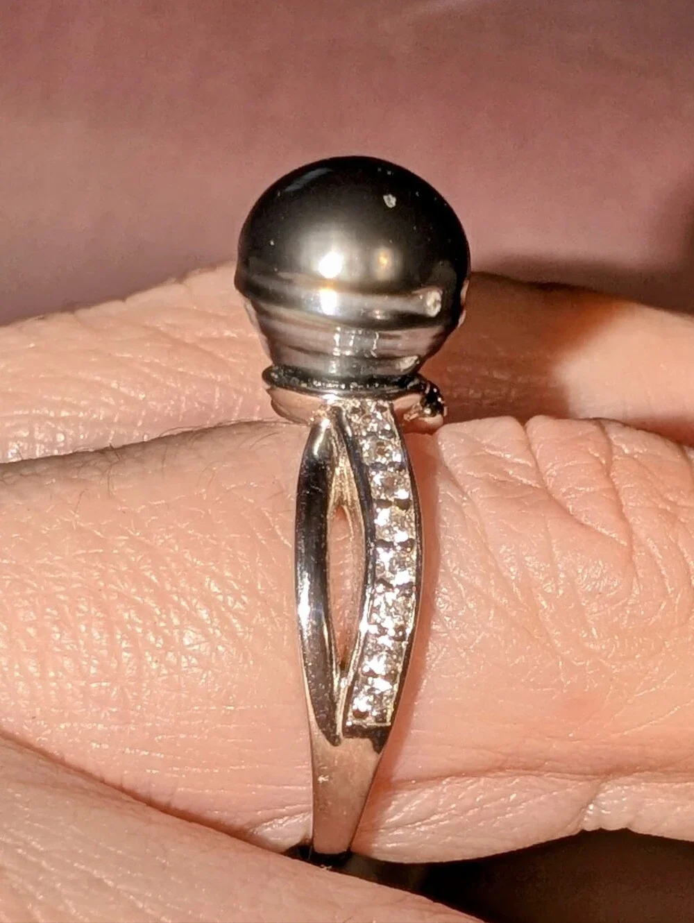 Cultured Black Tahitian Pearl W/ White Zircon Rhodium Over 925 Sterling Ring Sz8